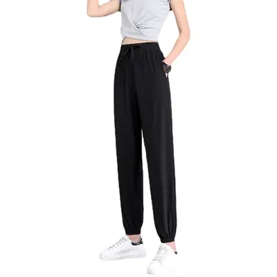 Women's Blue Ice Silk Joggers High Waist Loose Fit