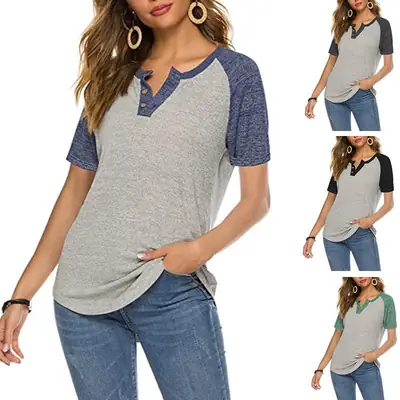 Women V-Neck Loose Button T-Shirt Grey Blue Short Sleeve
