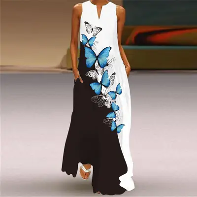 Women's V-Neck Printed Sleeveless Dress Black White