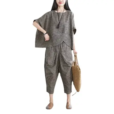 Women Casual Linen Striped Suit 2021