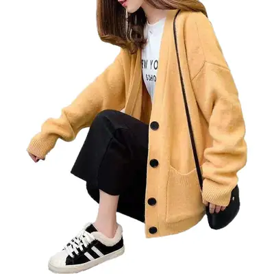 2025 Women's New Knitted Cardigan Brown Loose V Neck Pocket