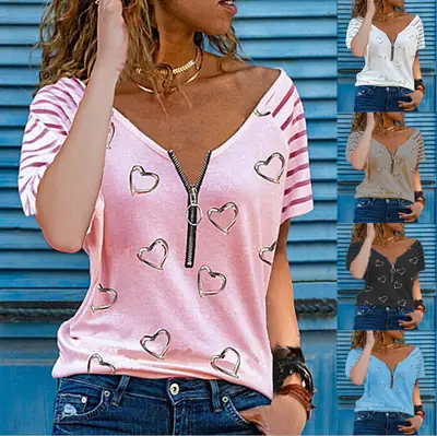 Women Casual Heart Print V-Neck Zipper T-Shirt Pink