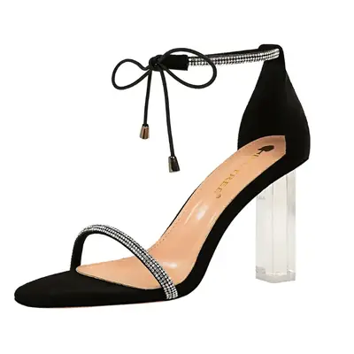 Black Rhinestone Bow Sandals with Block Heel