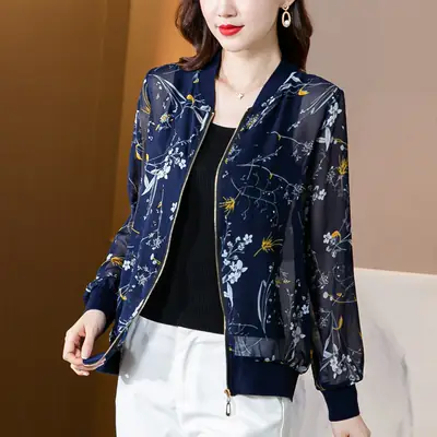 Chiffon Floral Zipper Coat Large Women Summer Wear