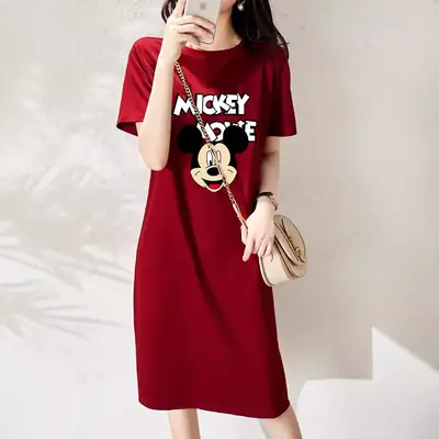Women Printed T-Shirt Dress Black Mid Length Korean Style