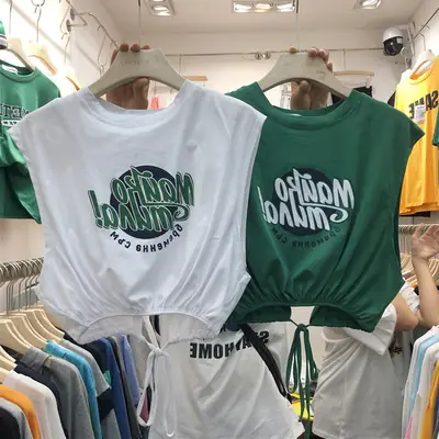 Women Sleeveless T-Shirt Set Green White Cotton Summer Loose Fit