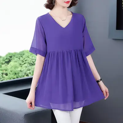 2026 Plus Size Chiffon Blouse Black V-Neck Loose Fit