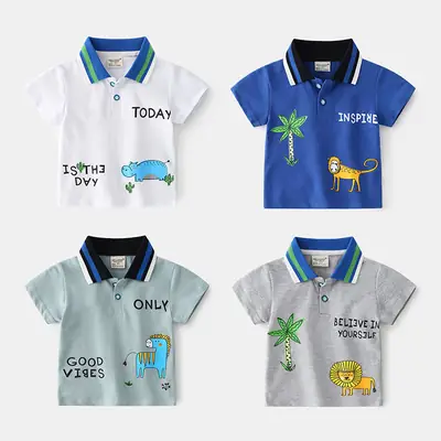 Kids Boys Polo Shirt Grey Animal Print Short Sleeve