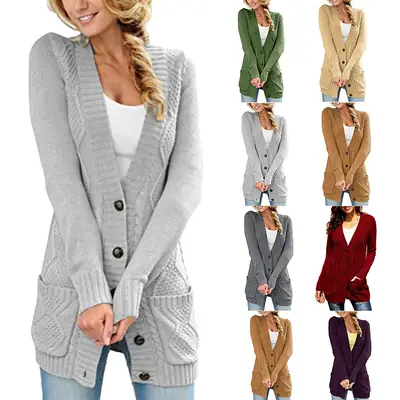 Women Cable Knit Button Cardigan Long Sleeve