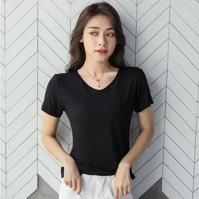 Women Brown Short Sleeve V Neck T-Shirt 2025