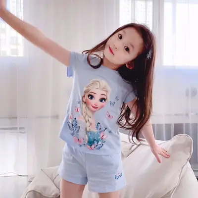 Summer Girls' Cotton Pajamas 2026 New Style Thin Home Wear for Older Children, Girls' Elsa Short-Sleeve Set