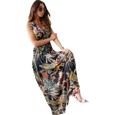 Bohemian Floral Long Dress Blue Mid Waist Drawstring