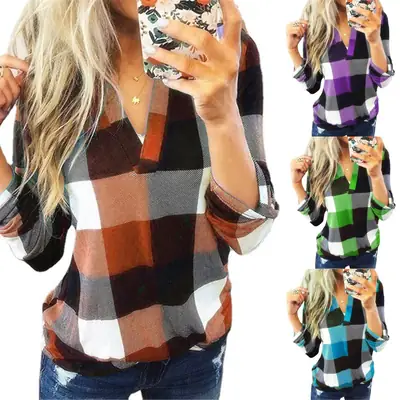 2023 Women's Plaid V-Neck Long Sleeve T-Shirt