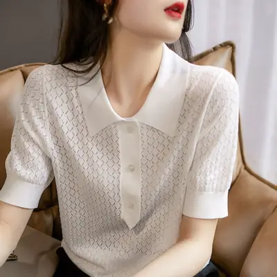 2024 Summer Rhombus Knitted Polo T-Shirt White