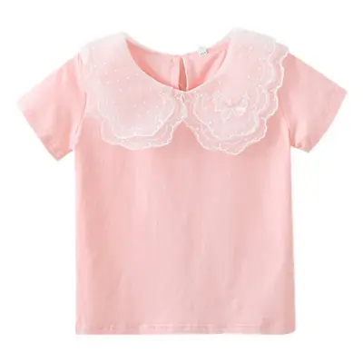 Girls' Pink Lace Short Sleeve T-Shirt Summer Cotton