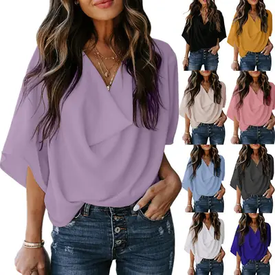 Chiffon V-Neck Loose T-Shirt Women Beige