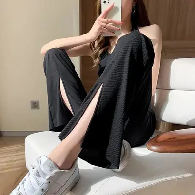 Women Ice Silk Wide Leg Pants High Waist Draped 2025
