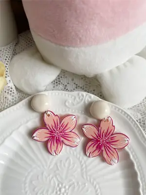 Pink Peach Blossom Heart Flower Earrings for Girls