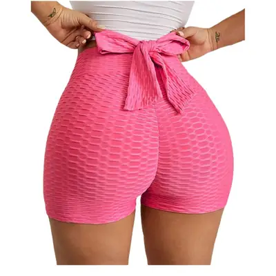 Women High Waist Bow Tie Shorts Lime Green Yoga Cycling