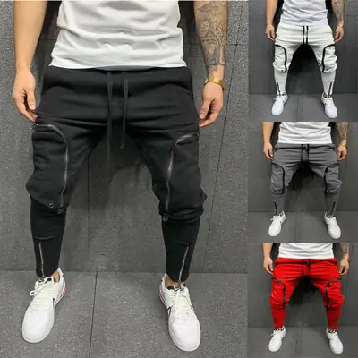 Men Grey Zipper Slim Track Pants Sports Joggers 2023