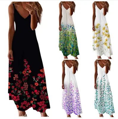 Women Printed Long Sleeve Dress Blue Floral Summer Dress