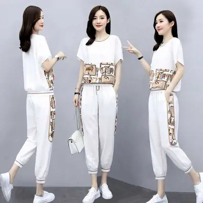 Women Printed Cotton Two-Piece Summer Suit White
