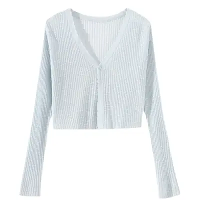 Women's Light Blue V-Neck Knitted Cardigan Short