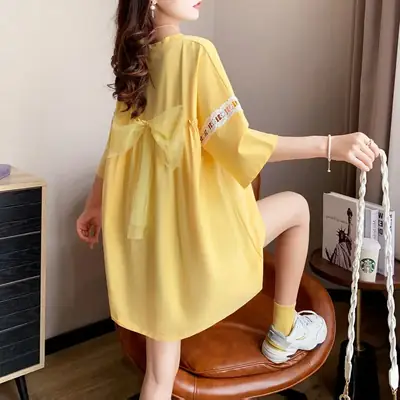 Women Yellow Bow Short Sleeve T-Shirt Large