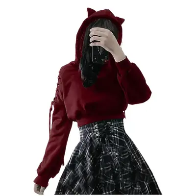 Black Cat Print Hooded Sweatshirt with Exposed Sleeves