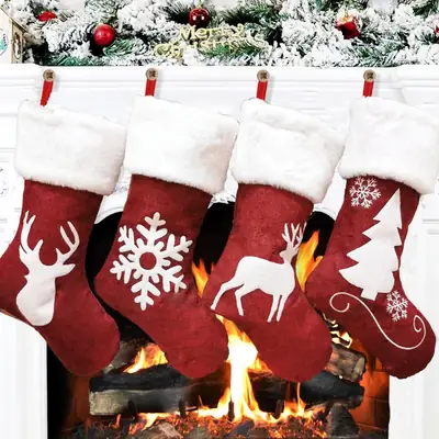 2024 Red Linen Cross-Border Christmas Socks with Elk Embroidery