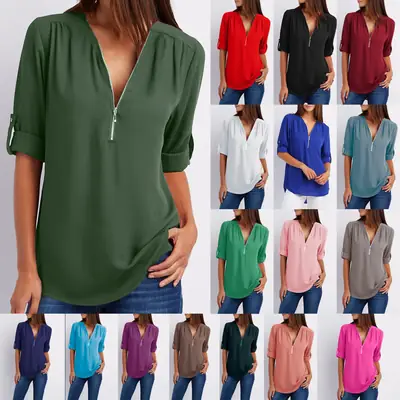Maroon Zipper V Neck Chiffon Top with Sleeve Sleeves