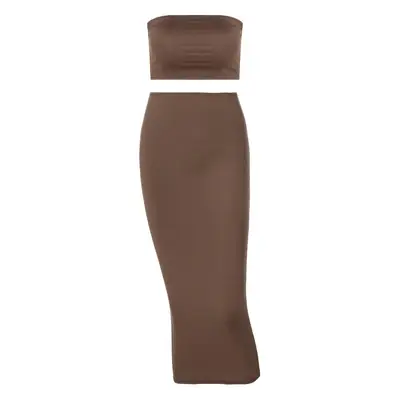 Brown Slim Fit Tube Top with Hip Skirt Set for Women