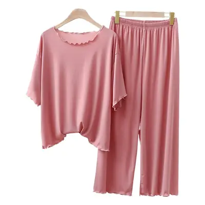Women Blue Ice Silk Cropped T-shirt & Pants Set