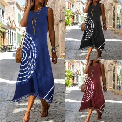 2025 Printed Slim Fit Long Sleeveless Tank Dress Black