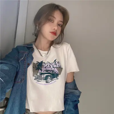 Women Printed T-Shirt Brown 2025 Summer Style