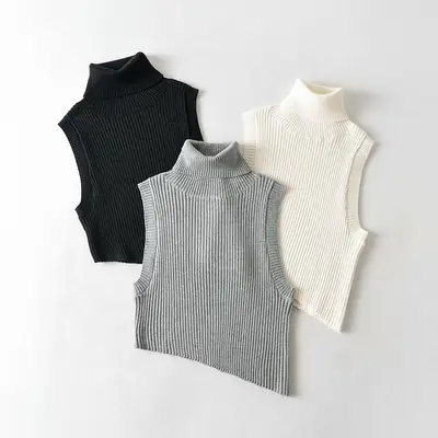 White Irregular Knit Sleeveless Top with High Neck