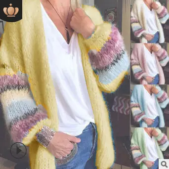 2021 Striped Mohair Cardigan Women's Winter Coat