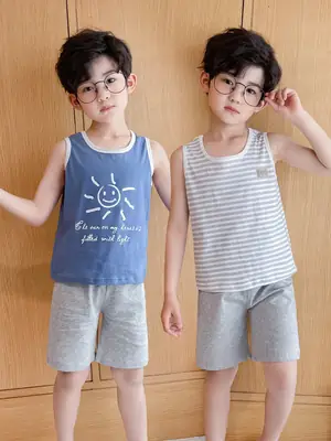Children's Blue Sleeveless Pajamas Set Summer Boys Pure Cotton