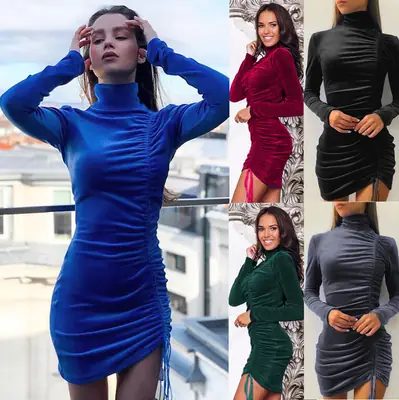 Women's Brown Suede Turtleneck Skirt Dress Autumn Winter 2024