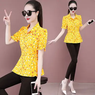 Women Printed Shirt Summer New Short Sleeve Slim Fit Large