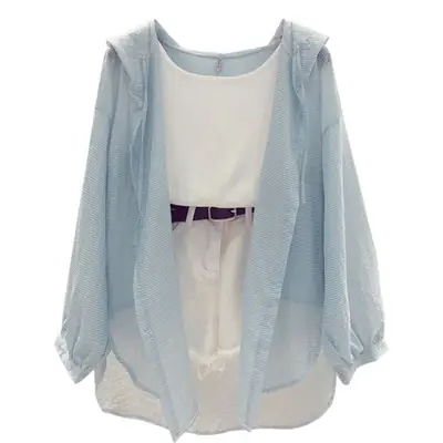 Light Blue Anti-Uv Hooded Cardigan for Women Mid-Length 2025
