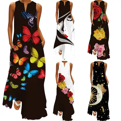 Printed Long Dress Black Floral Women Spring Summer