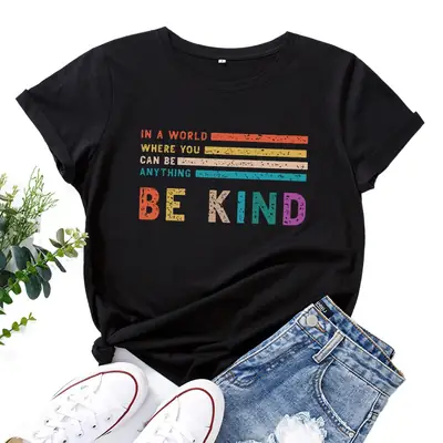 Green Letter Print T-Shirt for Women Loose Fit