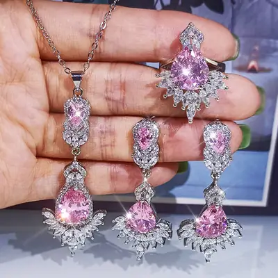 Bridal Zircon Necklace Earrings Ring Set Plated Gold