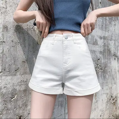 White Denim High Waist Shorts for Women 2021 Summer