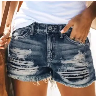 Women's Washed Denim Shorts High Waist Blue Dark Cotton