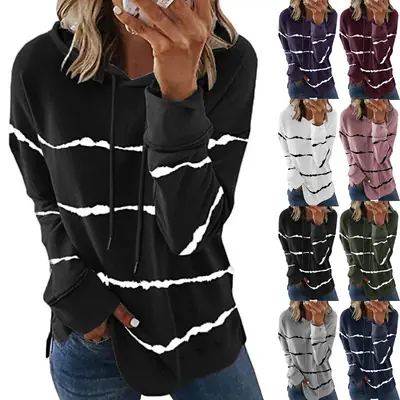 Women Black Striped Hooded Sweatshirt Autumn Winter Loose Fit