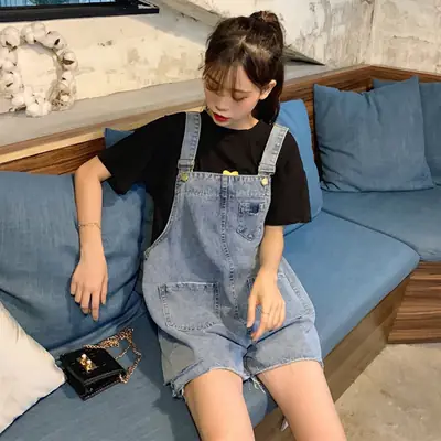 Fat mm Large Denim Overalls Hole Strap Shorts
