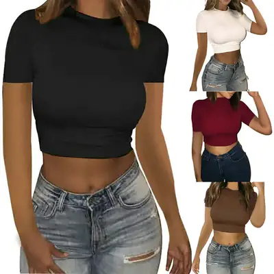 Women Round Neck Navel Exposed Slim T-Shirt Tops 2024