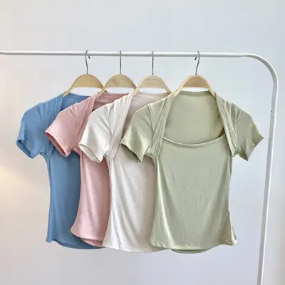 White Short Sleeve Yoga Shirt with Back Shoulder Design
